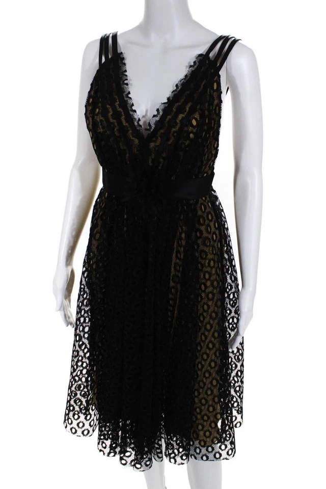 Vestido de cóctel Marc Bouwer Glamiti para mujer tejido abierto línea A negro beige talla 2 Foto 2 de 4