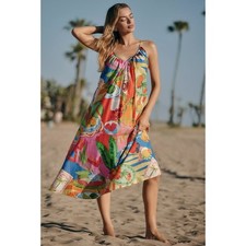 NWT Farm Rio Summer Picnic Sleeveless V-Neck Midi Dress Fruit Print Medium