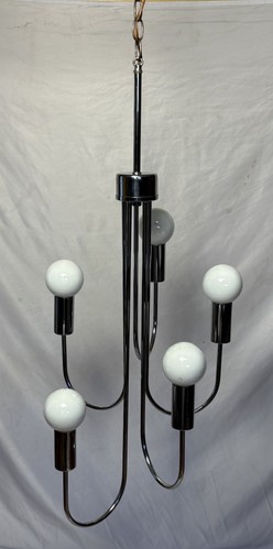 Vintage Mid Century Chrome Tone 5 Light Waterfall Swag Lamp Chandelier - Picture 3 of 20