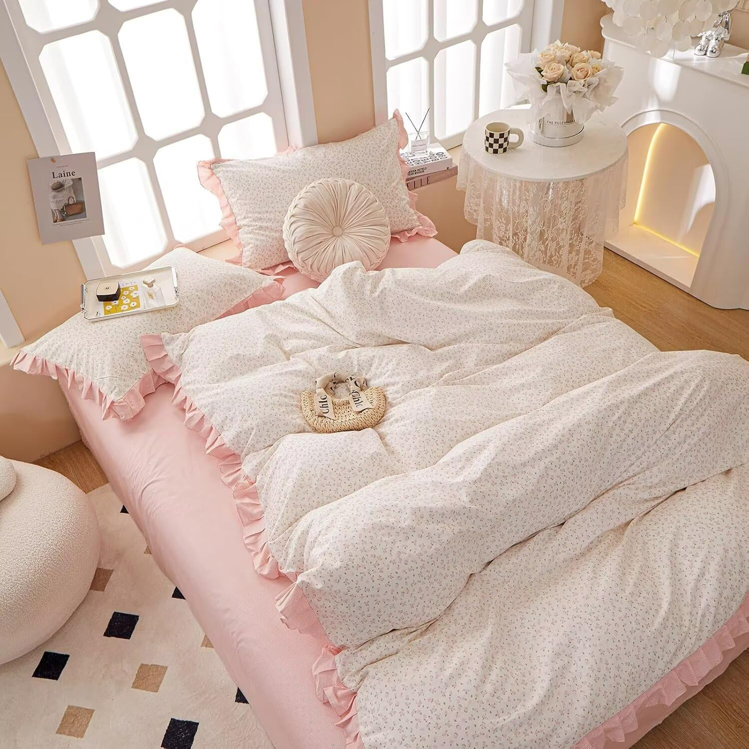 Pink Duvet Cover Full Size 100% Cotton Floral with Ruffle, Princess Coquette Bed