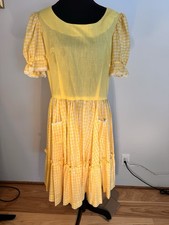 Vintage square dance Yellow White Gingham Fit Flare Puff Sleeve Ruffle Dress