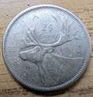 Canada 1957 25 Cents 25c Canadian Caribou Quarter Coin - 80% Silver - ASW .150oz