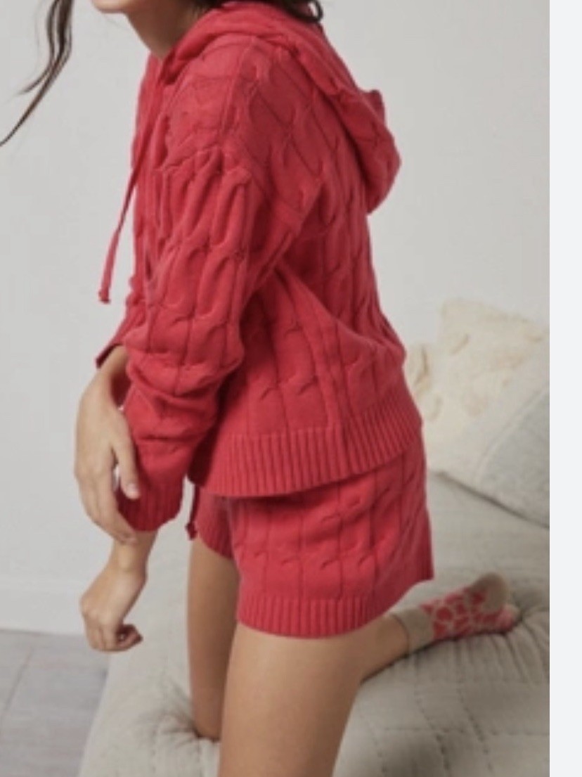 SATURDAY SUNDAY Travel Matching Set Cable Knit Elevated Loungewear Sz L Pink