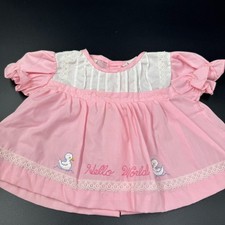 Vtg 70's 80's Baby Girls "Hello World" Pink Dress w/Duck Embroidery 0-6 months
