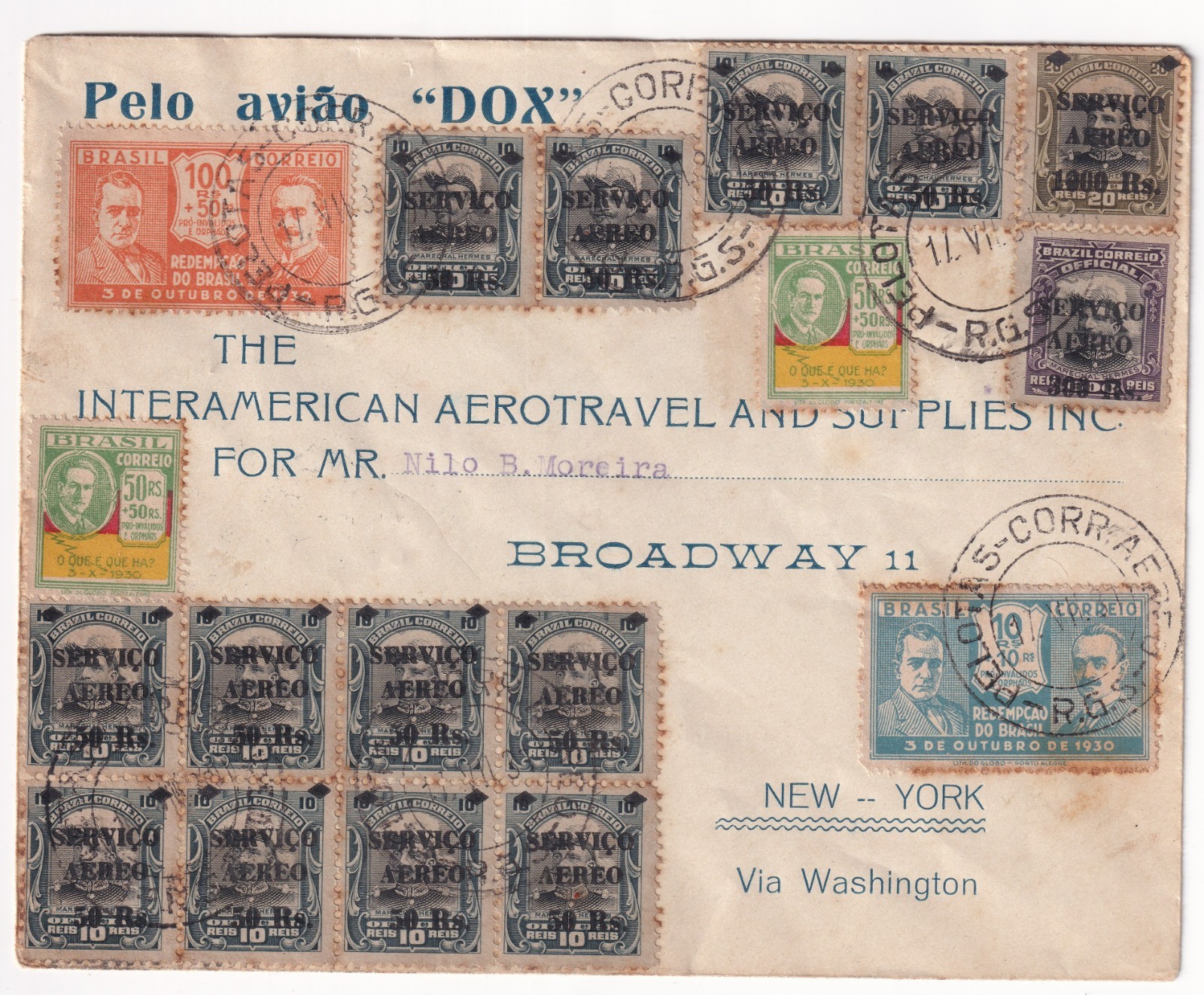 Brazil 1931 DOX Flight Cover Pelotas–New York Rare Franking Vargas Stamp