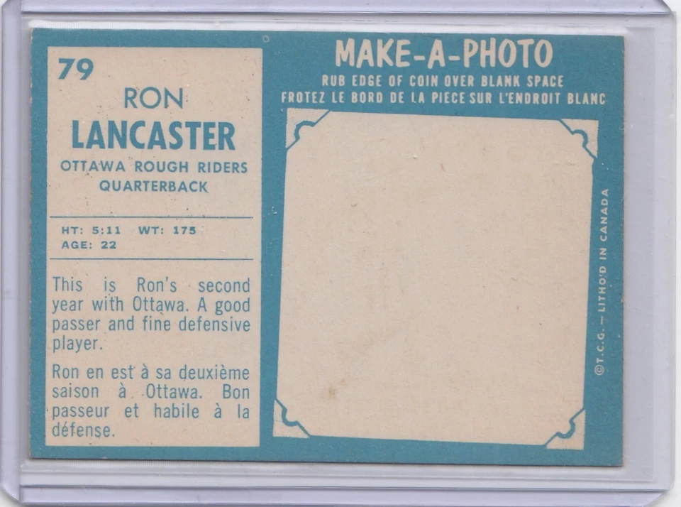 1961 Topps CFL #79 Ron Lancaster Nr-Mint Set Break - Photo 2/2