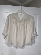 Bed jacket Shadowline Size M Sheer Ivory Nylon w/ Lace, Voile Rose Embroidery