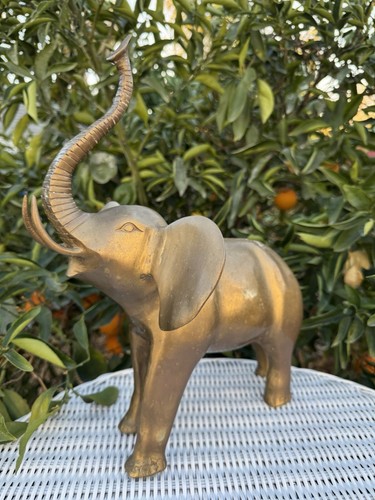 Vintage Large Brass African Elephant Statue Figure 5 Pounds Good Luck Trunks Up