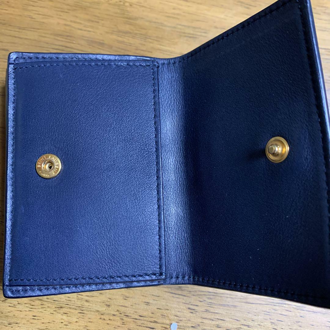 Auth Saint Laurent Tri-Fold Mini Wallet YSL Navy Gold Leather