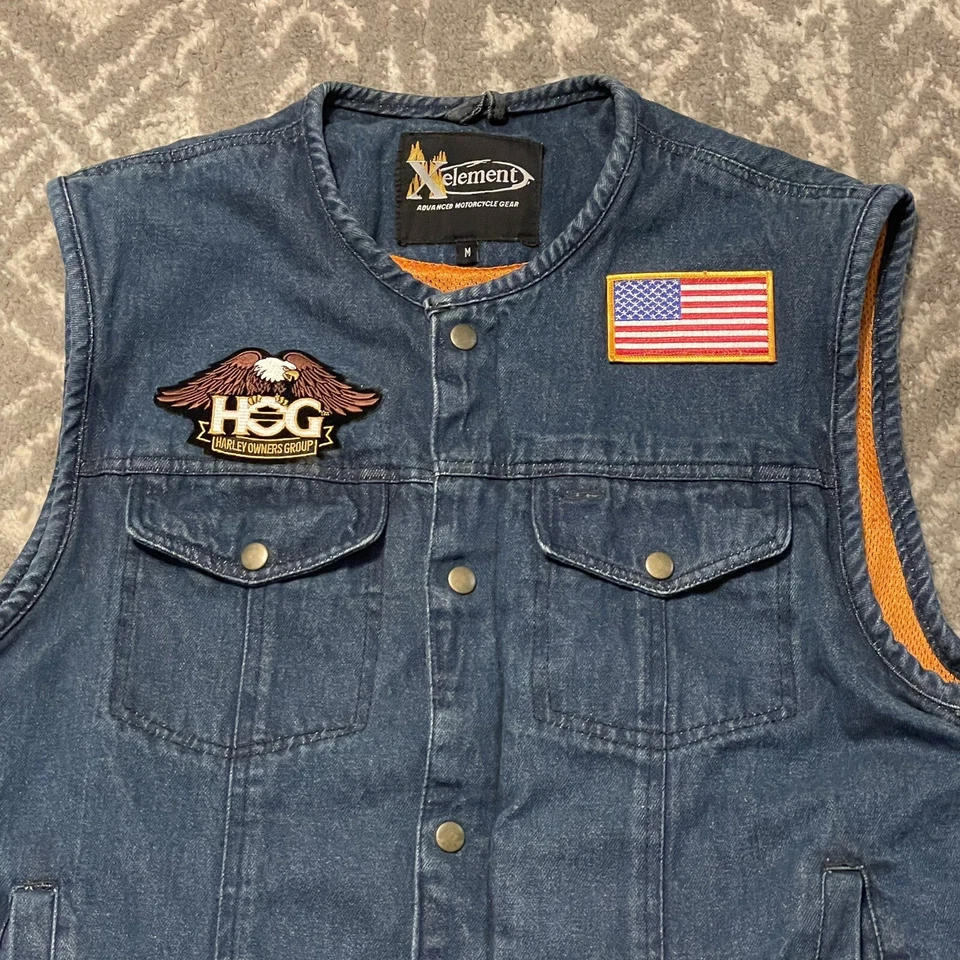 Xelement Motorcycle Vest Mens M Blue Denim Snap Moose Riders Biker Distressed - Image 2 of 4