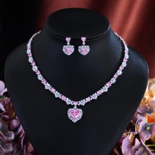 Elegant Pink CZ Love Big Heart Jewelry Dangle Drop Wedding Necklace Earrings Set