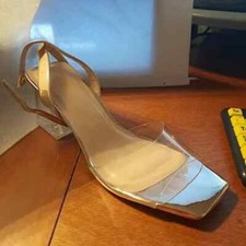 NEW  Mysoft WMN Clear Low Chunky Heels Open Toe Transparent Ankle Strap Size9.5