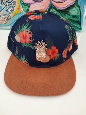 Cayler &Sons Brown & Blue Hibiscus Flower & Gold Pineapple Baseball Cap One Size