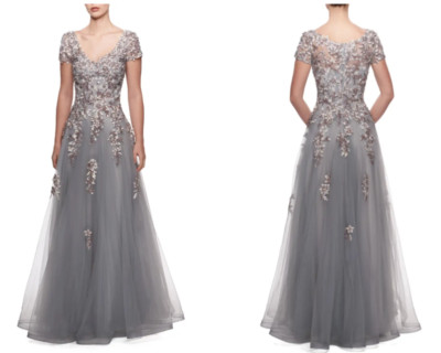 LA FEMME Gray Floral Embroidered Embellished VNeck Tulle Maxi Ball-Gown Dress 14