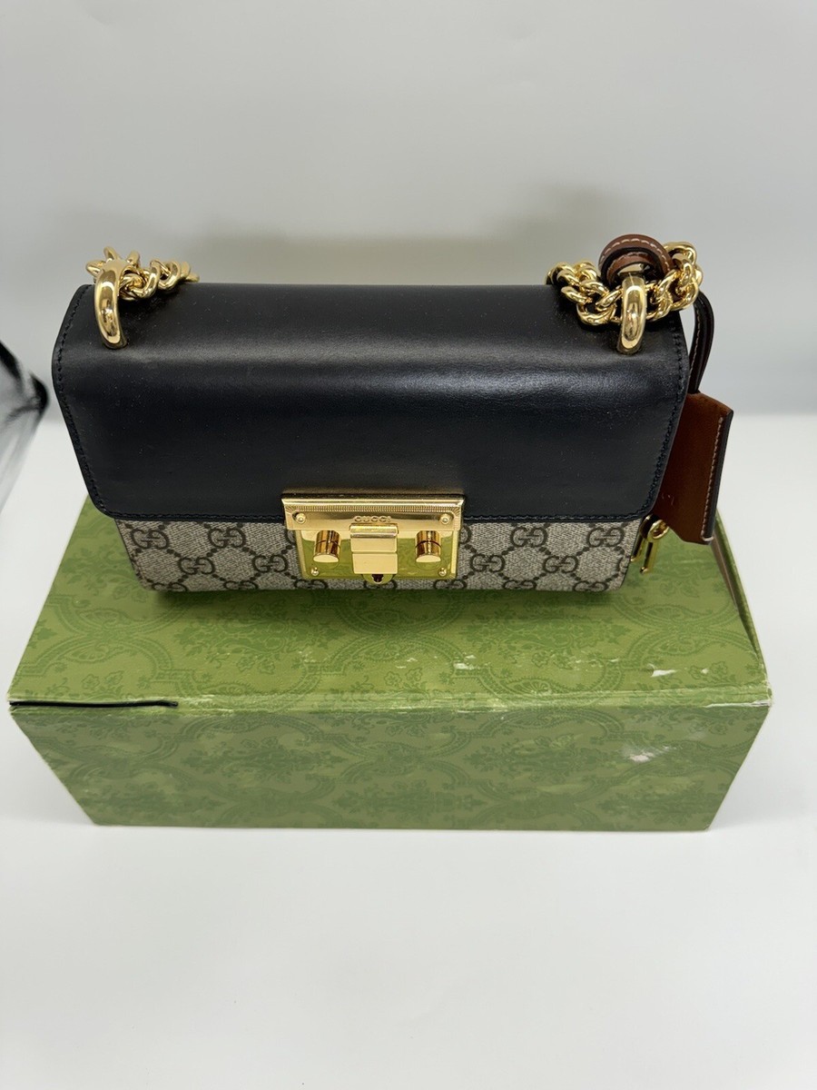 GUCCI Padlock GG Shoulder Bag GG Supreme Canvas and Black Leather