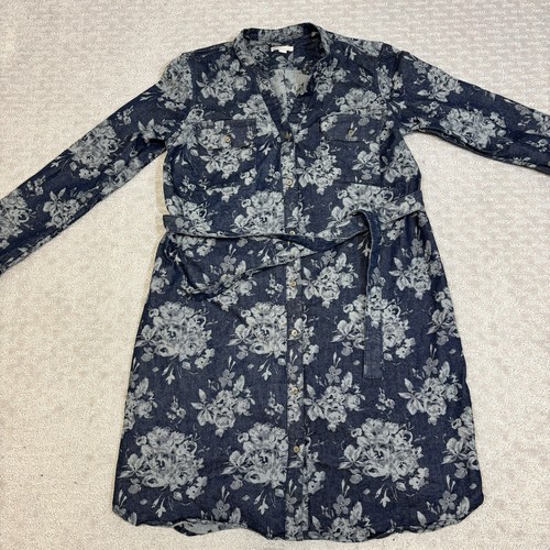 Gap Maternity Denim Dress Blue White Floral Button Down Tie Waist Size Small