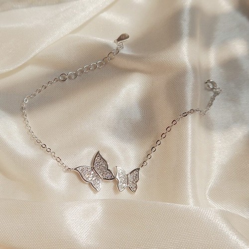ZARD Double Butterfly Dainty Link Chain Bracelet in CZ Pavé Sterling Silver - Picture 4 of 6