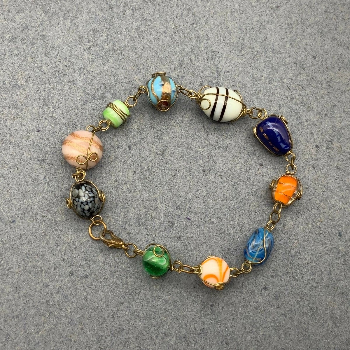 Multicolor Gold Swirl Bracelet Wire Glass Beads Black White Blue