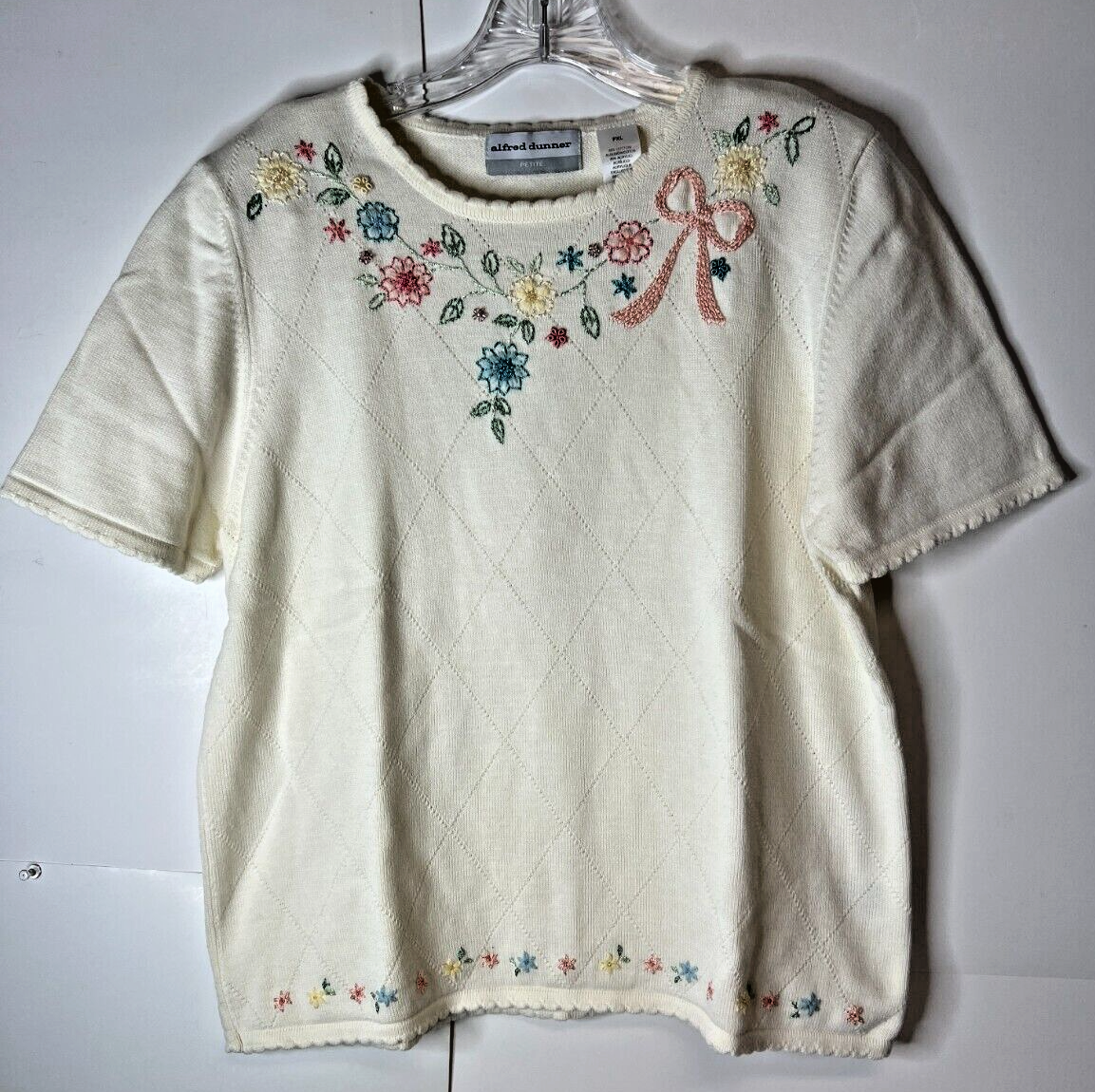 Alfred Dunner Women's Petite XL Embroidered Floral Pullover Sweater Scalloped