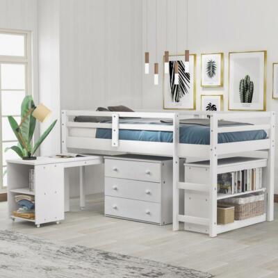 Low Study Twin Loft Bed with a Cabinet Bookshelf and Rolling Portable Desk White