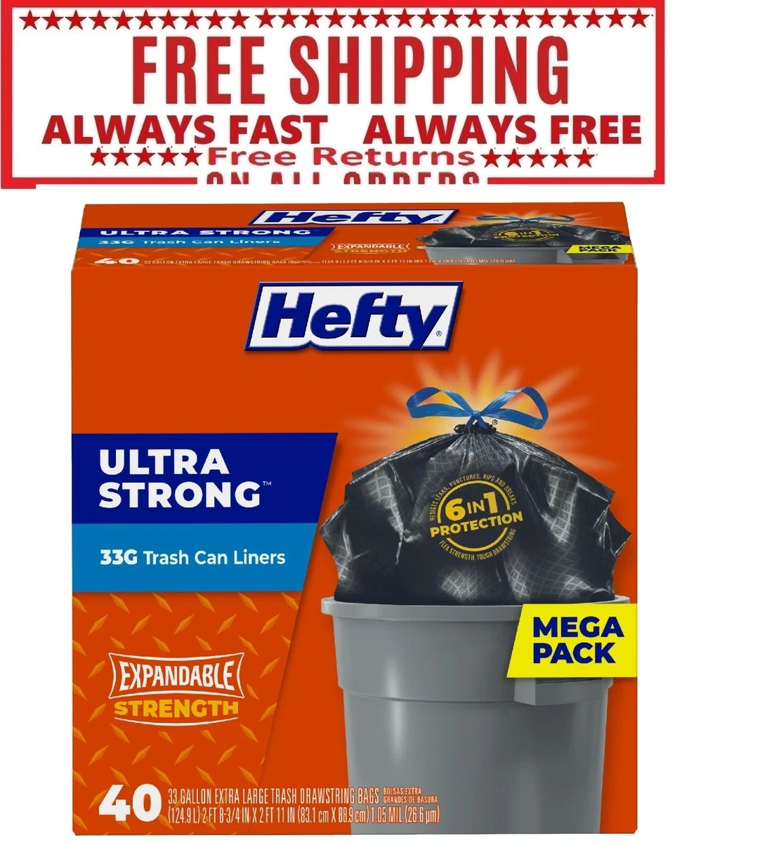 Hefty Ultra Strong Multipurpose Large Trash Bags, Black, Unscented Scent, 33  Gal