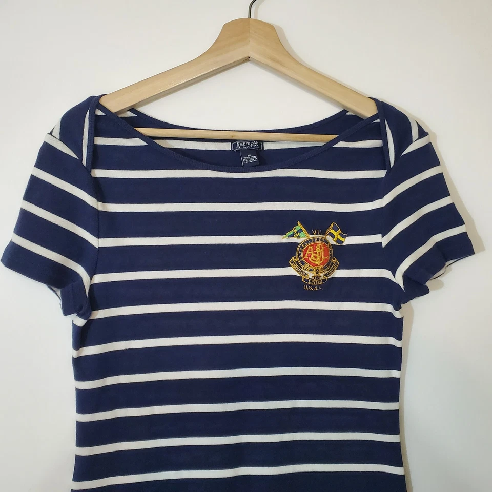 American Living Women's Short Sleeves Navy Striped Shirt Dress SZ M Crest - Image 2 of 4