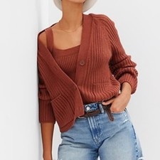 Gap Chunky Knit Ribbed Button Front Cardigan L Burnt Russet Pockets