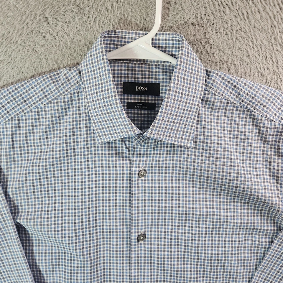 Boss Hugo Boss Dress Shirt Men 39 15.5 Slim Fit Long Sleeve Blue Black White - Image 3 of 4
