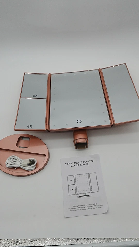 Espejo tocador recargable de maquillaje con iluminación cosmética LED de 3 canales oro rosa 2x 3x Foto 4 de 4
