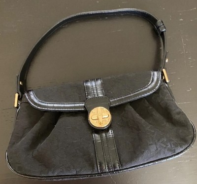 Vintage Retro DKNY Black Shoulder Bag with a Monogram Pattern Gold-tone lock