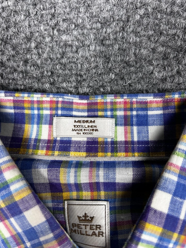 Peter Millar Shirt Mens Medium Blue Multicolor Plaid 100% Linen Button Down - Image 3 of 4