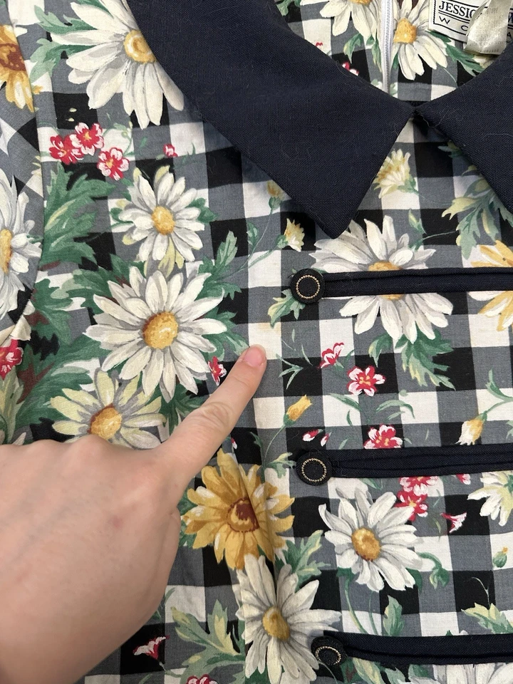 Vestido Floral Vintage Jessica Howard Negro Blanco Cuadros Margarita Cottagecore Granny Talla 14 Foto 3 de 4