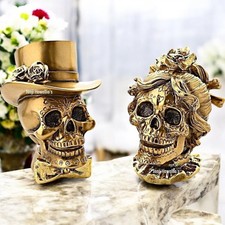 Day Of The Dead Bride & Groom Sugar Skull Figurine Gothic Ornament Gold Pagan
