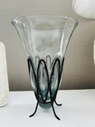 Vintage Hand Blown Murano Glass Bowl in Iron Metal Frame 10.5" Tall