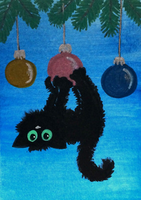 ACEO *Print* of Original Art Black Fluffy Christmas Kitty Cat Kitten by Saulite