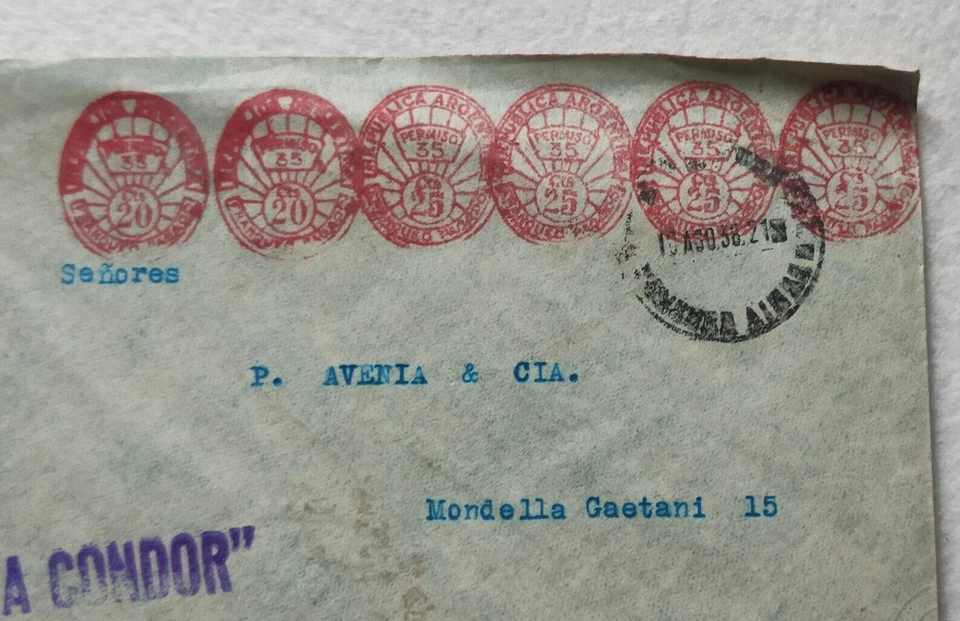 POSTA AEREA FASCISMO TARGHETTA ARGENTINA ITALIA 1938 CONDOR PERMISO 35 25 C NZ A - Immagine 3 di 4