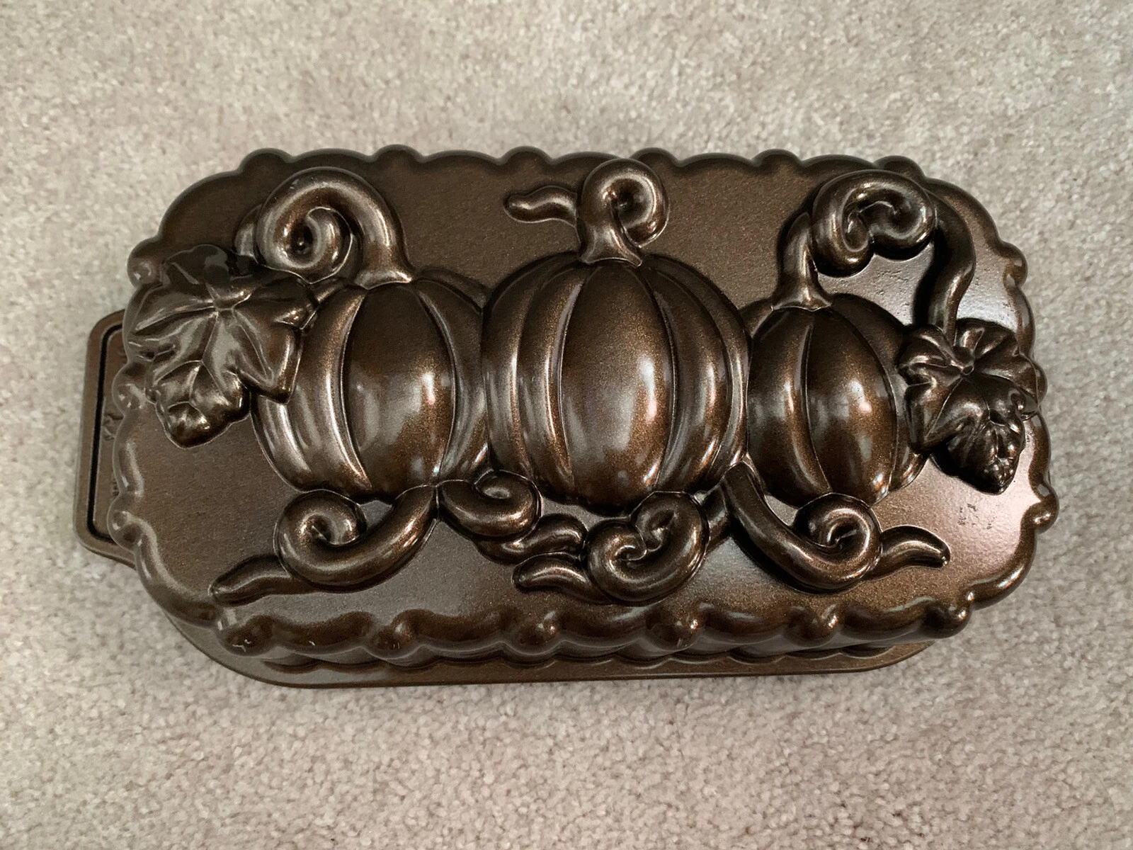 Nordic Ware Fall Pumpkin Loaf Pan 6 Cups Platinum Collection Metallic Brown New