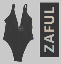 ZAFUL Womens Medium Size 6 1 Piece Swimsuit High Cut Leg Low Front/Back Black