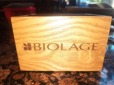 new biolage wood box shampoo bottle holder 4'' pen desk etched business art rare