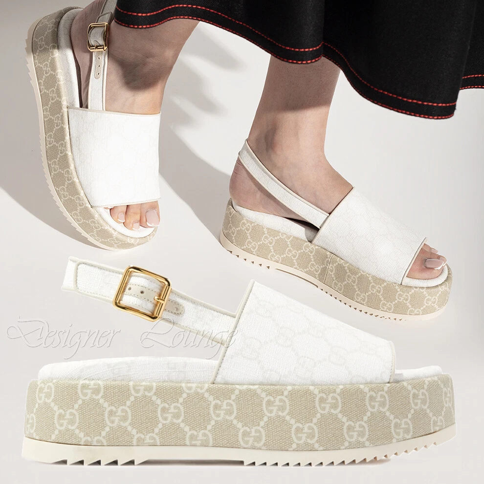 Sandales plates formes GUCCI Angelina GG en toile suprême blanche neuves UE 40,5