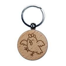 Cartoon Chicken Hen Trying to Fly Engraved Wood Round Keychain Tag Charm