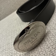 PRADA Men's Gray Leather Belt Silvertone Buckle Made In Italy Size 90/36