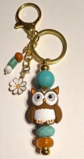 Handmade Beaded Owl Keychain w/ Daisy Charm, Gold Tone Key Ring bag charm