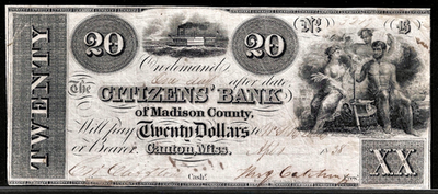 #ad #ad April 1 1838 Canton Mississippi Citizens Bank Madison County $20 Obsolete Note $159.99
