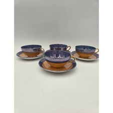 Vintage Japanese Lusterware Tea Cup and Saucer Set of 4 blue Peach Iridescent