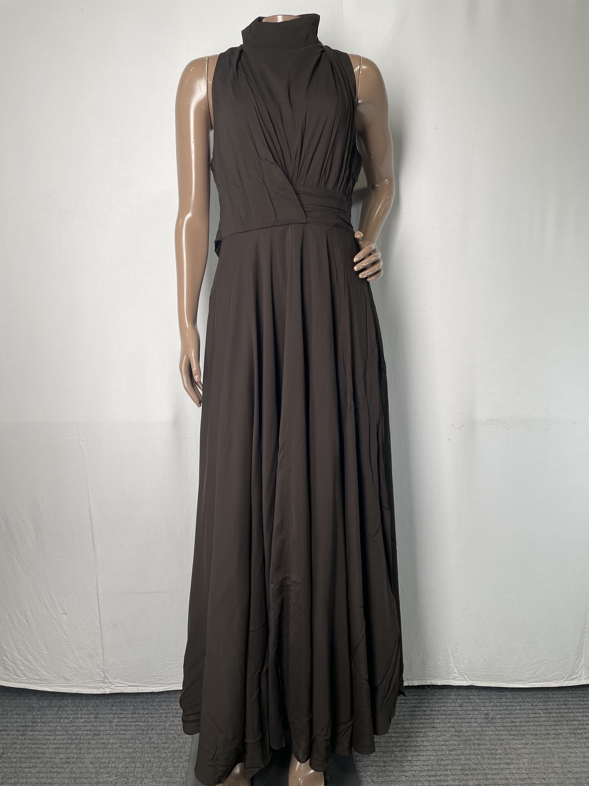 Banana Republic Women Maxi Dress Brown Size 2 Stretch Crepe Mock Neck Belt Lined