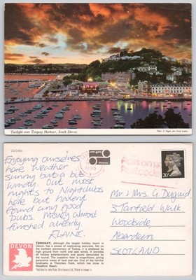 c44682 Twilight Harbour Torquay Devon England John Hinde Postkarte 1990 Stempel