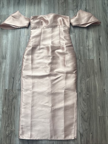 WARHOUSE Bardot MIDI Dress Side Split Prom Wedding BNWT SIZE 10 Nude/pink