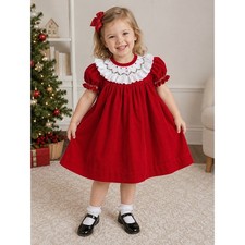 Vintage House of Hatten 2T Red Smocked Christmas Dress AS IS Missing Button