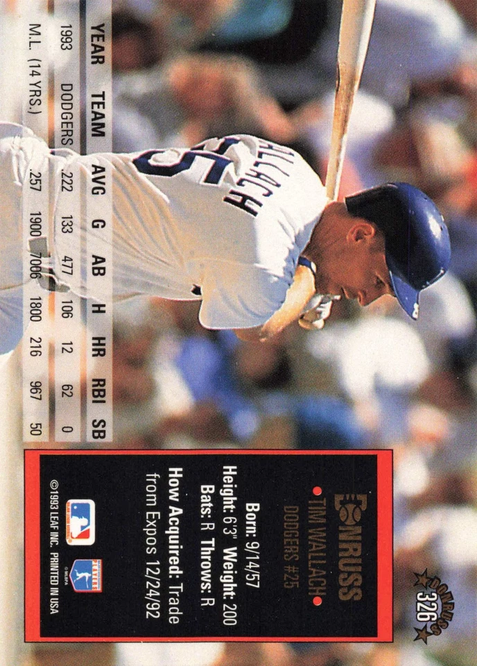 Tim Wallach 1994 Donruss #326 Los Angeles Dodgers Baseball - Image 2 of 2